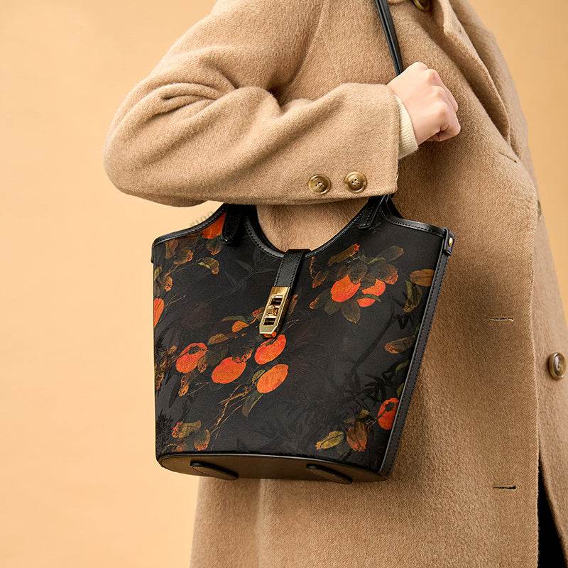 Xiangyunsha Silk Leather Printed Persimmon Bucket Bag - SinoCultural -- YS120762