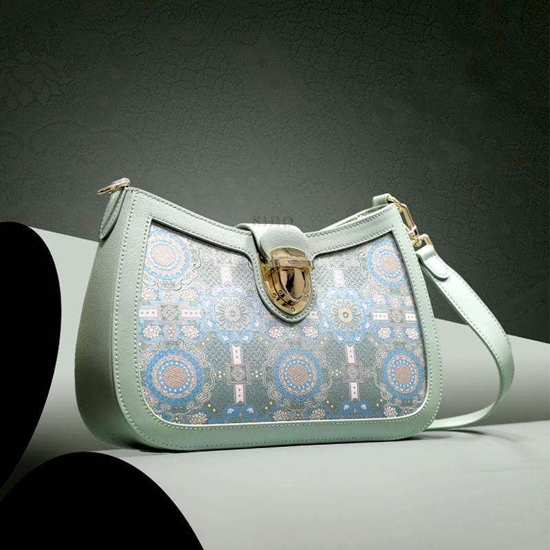 Song Brocade Leather Green Shoulder Bag Badayun Pattern - SinoCultural -- FJ270038-2 -