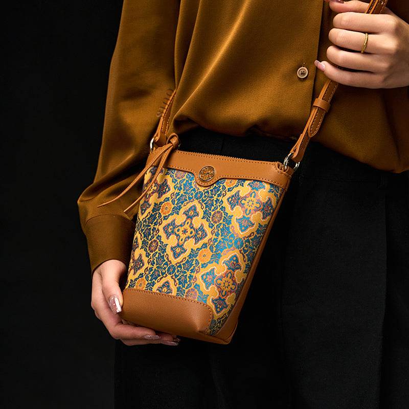 Song Brocade Leather Crossbody Mobile Phone Bag Four Harmonies and Ruyi Pattern - SinoCultural -- P220608