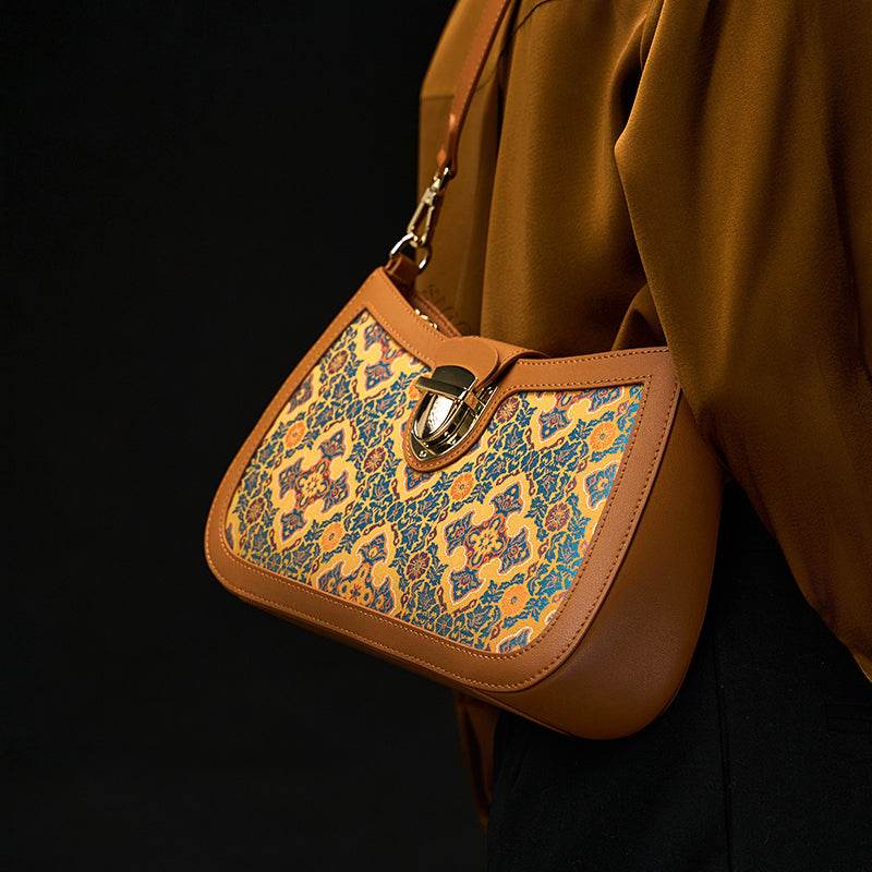 Song Brocade Leather Shoulder Underarm Bag Four Harmonies and Ruyi Pattern - SinoCultural -- P270038 -