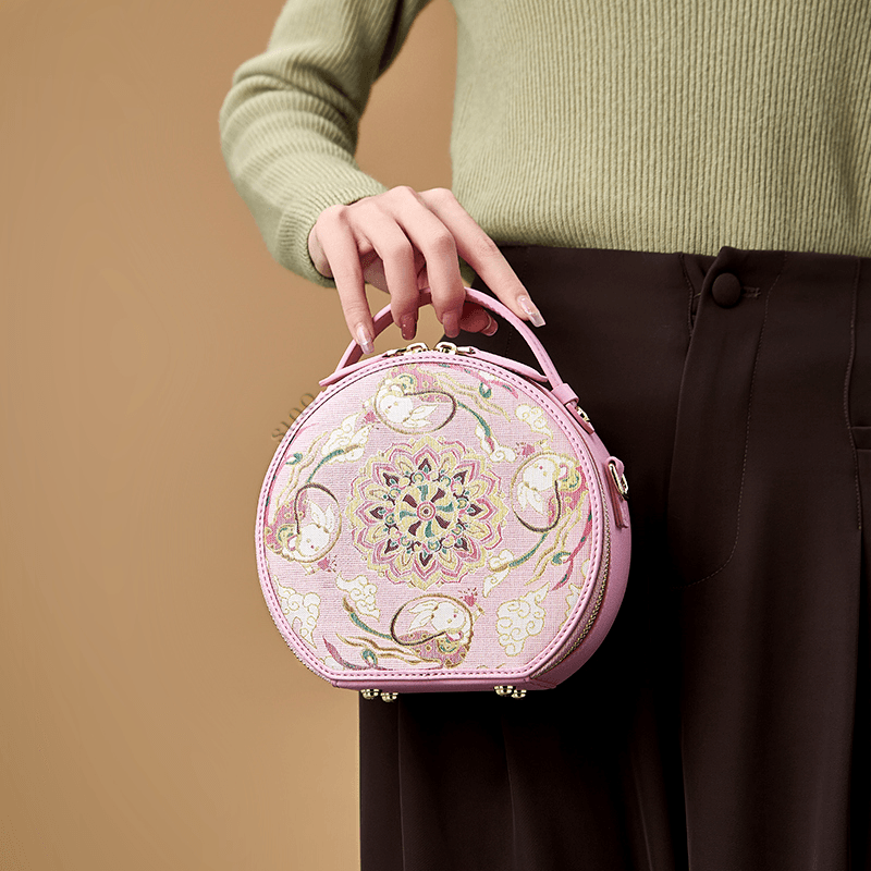 Song Brocade Powder Round Bag Lotus & Lucky Rabbit Pattern - SinoCultural -- P12065502LP-1
