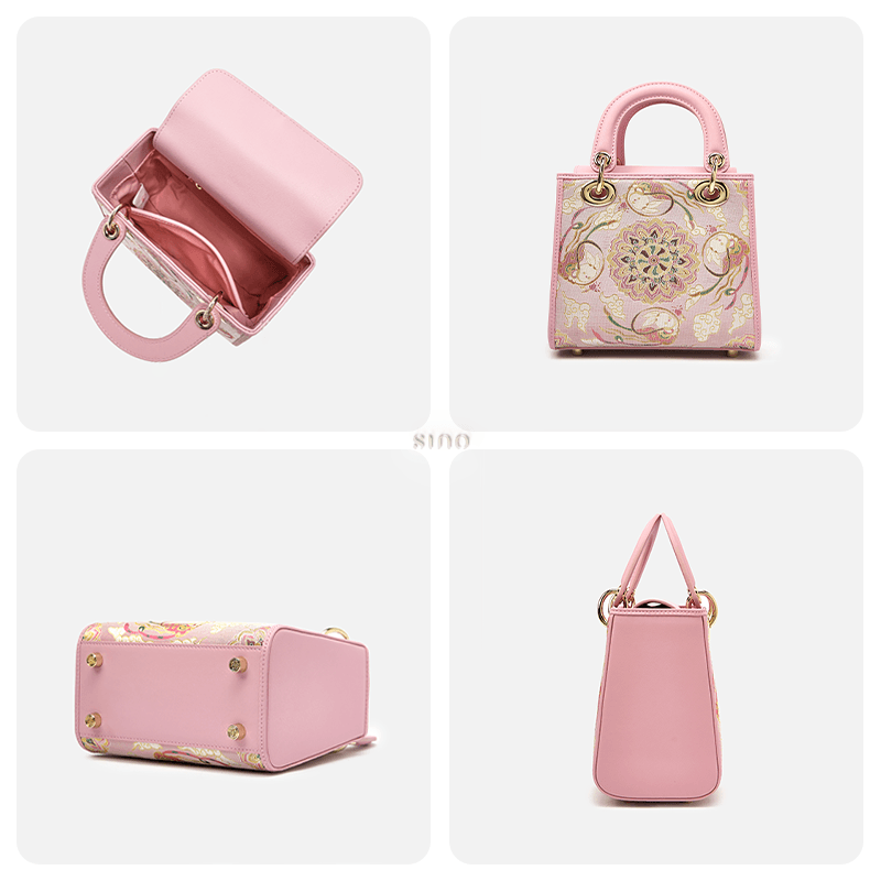 Song Brocade Powder Pink Crossbody Handbag Lotus & Lucky Rabbit Pattern - SinoCultural -- P12065302-1