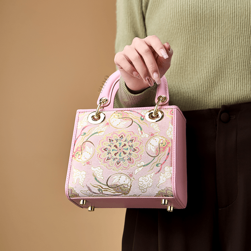 Song Brocade Powder Pink Crossbody Handbag Lotus & Lucky Rabbit Pattern - SinoCultural -- P12065302-1