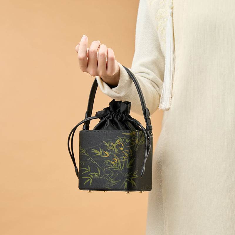 Xiangyunsha Silk Black Bamboo Print Mini Cube Bucket Bag - SinoCultural -- LD170613 -