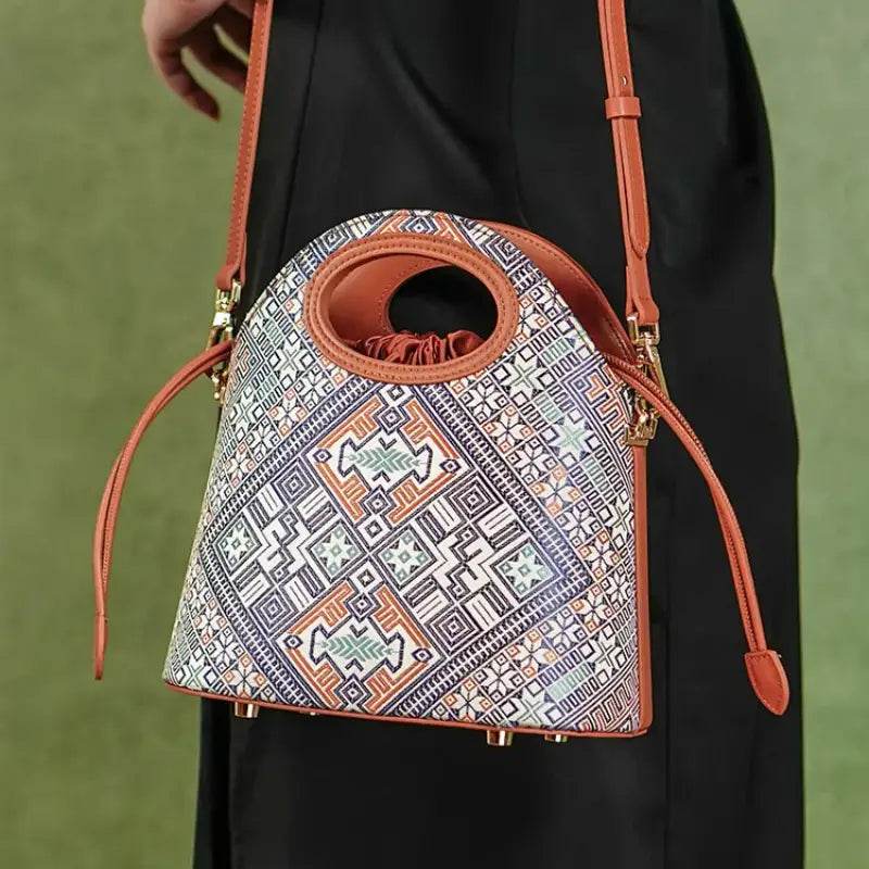 Zhuang Brocade Vintage Drawstring Bucket Bag - SinoCultural -- FJ120670