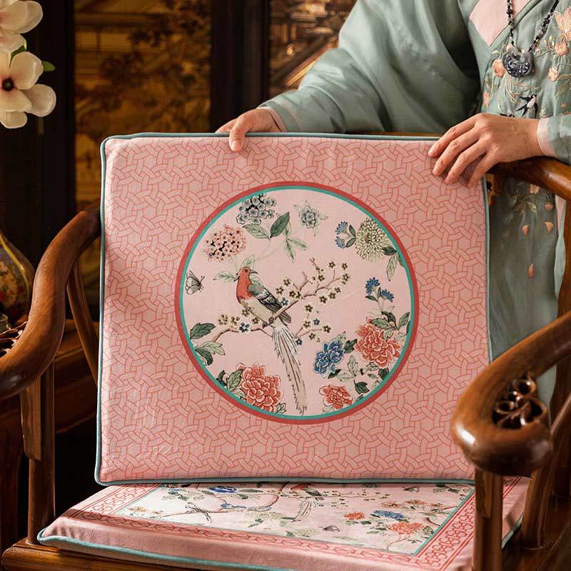 Chinoiserie Spring Powder Pink High-end Wooden Chair Cushion - SinoCultural -- SC005A38 -
