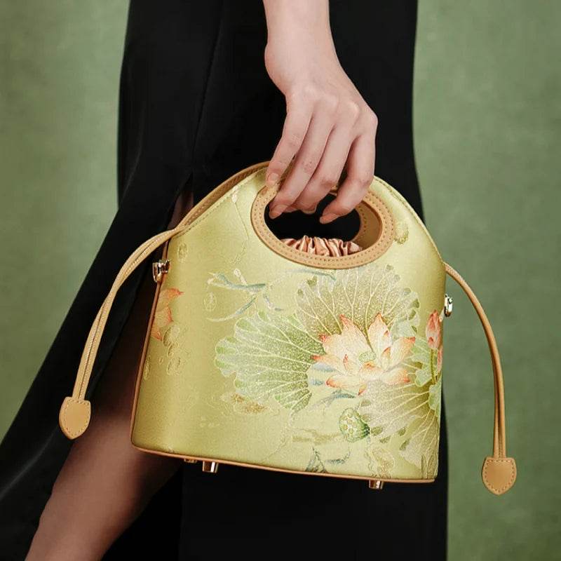 Printed Jacquard Lotus Green Drawstring Bucket Bag - SinoCultural -- LD120670-2 -