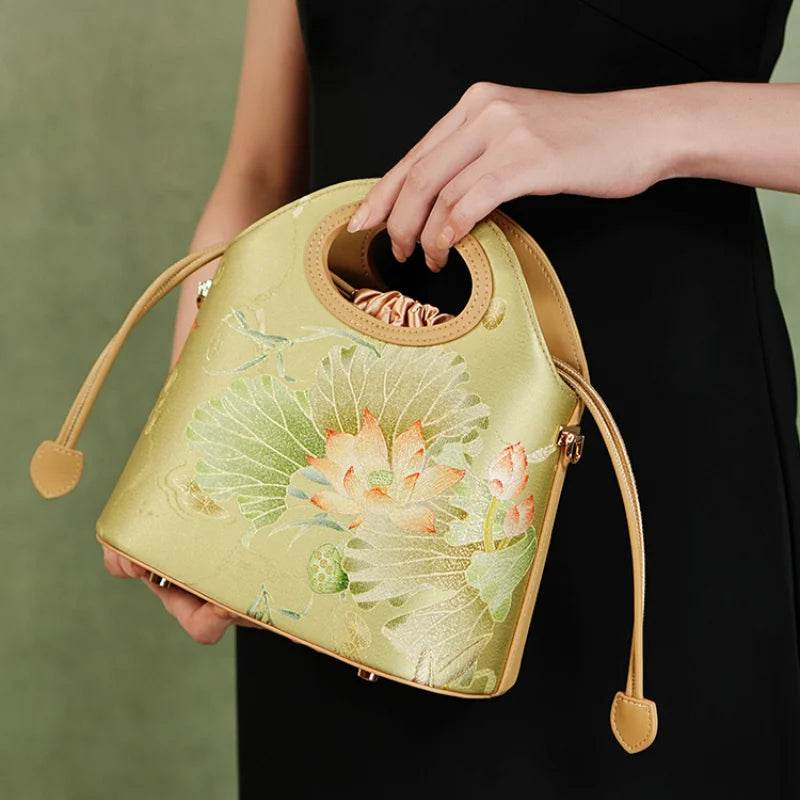 Printed Jacquard Lotus Green Drawstring Bucket Bag - SinoCultural -- LD120670-2 -