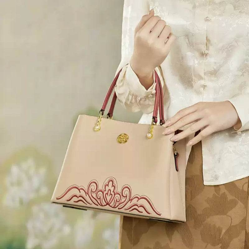 Embroidery Genuine Leather Elegant Crossbody Bag Veined Pattern - SinoCultural -- SC1753-A1