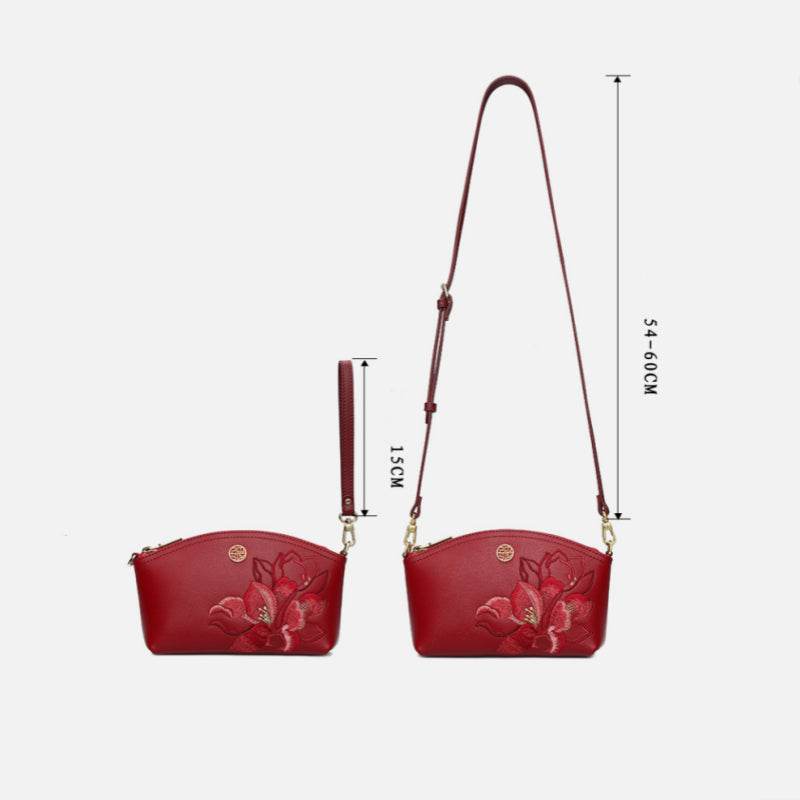Embroidery Leather Red Magnolia Women‘s Handbag Wallet - SinoCultural -- P220248-1