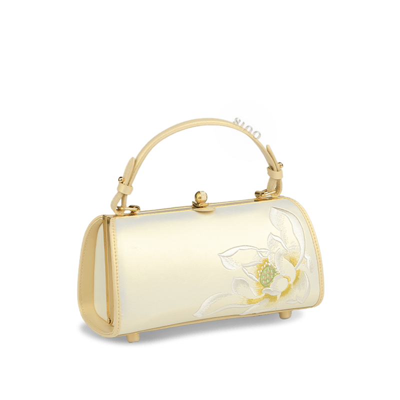 Embroidery Leather White Shoulder Bag Lotus Elegant Handbag - SinoCultural -- P120312 -