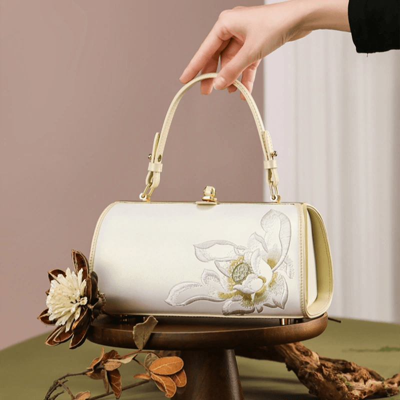 Embroidery Leather White Shoulder Bag Lotus Elegant Handbag - SinoCultural -- P120312 -
