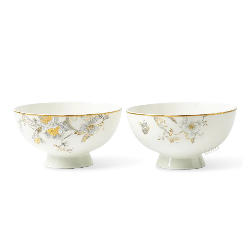 2 Pieces 4.7’’ chinoiserie luxury bone china footed bowls with peony & butterfly design (white background).