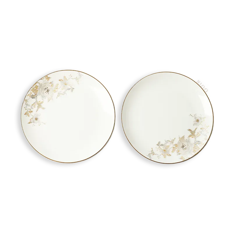 Two 8-inch Chinoiserie Bone China Serving Platters with Peony & Butterfly Design, side-by-side on white background.