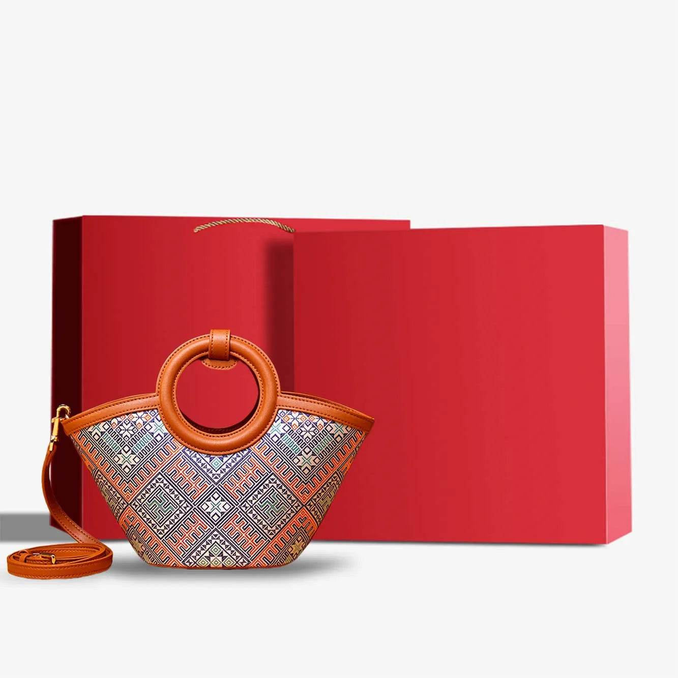 Zhuang Brocade Handicraft Unique Crossbody Basket Bag - SinoCultural -- FJ120001-2