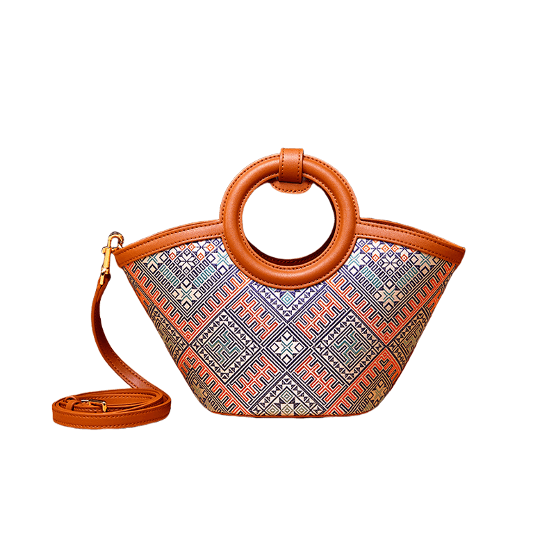 Zhuang Brocade Handicraft Unique Crossbody Basket Bag - SinoCultural -- FJ120001-2