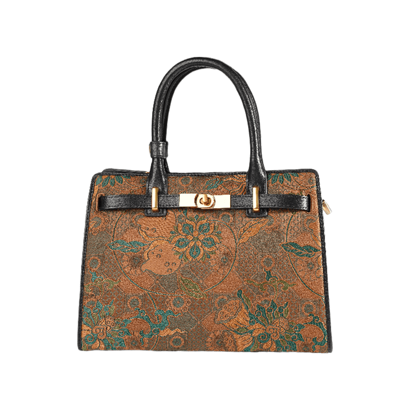 Handmade Song Brocade Chinoiserie Vintage Brown Kelly Bag - SinoCultural -- W4188-3