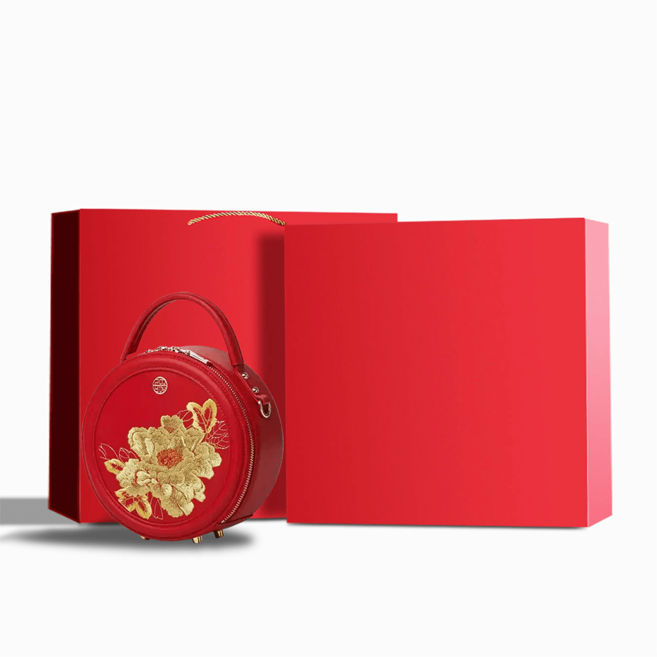 Embroidery Leather Round Handbag High Luxury Royal Gold Peony - SinoCultural -- P110171