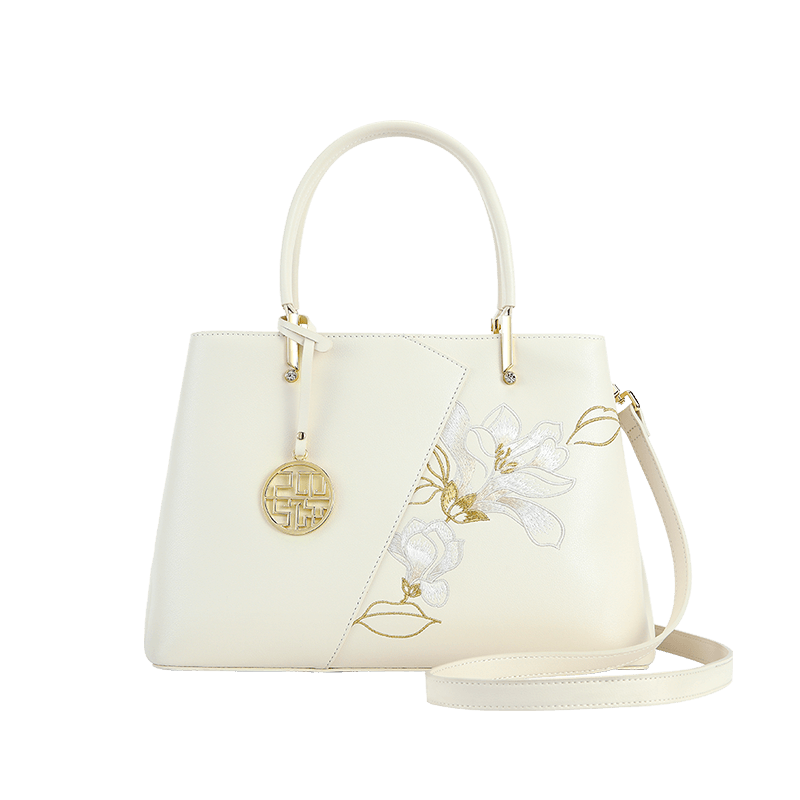 Embroidery Leather Magnolia Tote Bag Elegant Women Handbag with Scarf - SinoCultural -- P120348-3