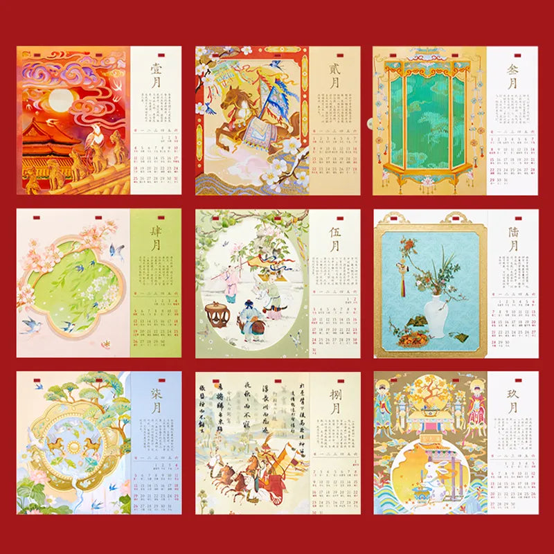 Gallery of desk calendar pages highlighting festive designs and multi-layer structure.