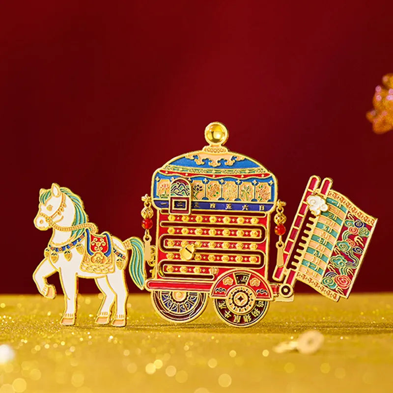 Front view of 2026 Fire Horse Year imperial carriage calendar magnet.