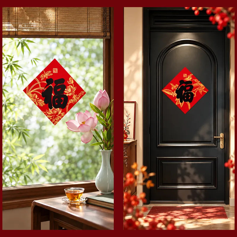 Traditional red Fu character decorations displayed on a window and front door for 2027 Chinese New Year home decor and festive blessings.