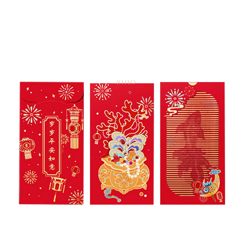 Three Chinese New Year red envelope designs displayed against a white background, featuring gold lantern decorations, ornate artwork, and a striped pattern.