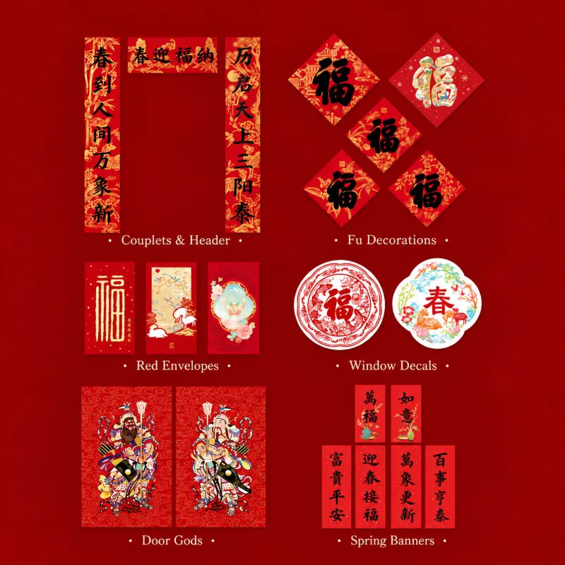 2027 Year of the Fire Goat Chinese New Year gift set featuring spring couplets, Fu decorations, red envelopes, window decals, door gods and spring banners.