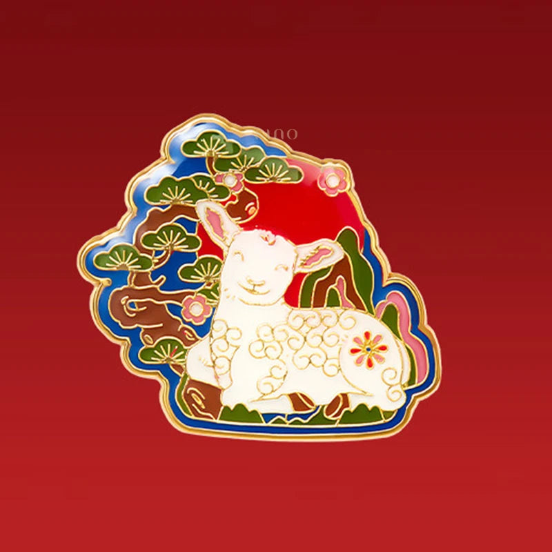 Colorful Year of the Goat enamel pin featuring a white goat, pine tree and floral motifs, a festive accessory for a 2027 Chinese New Year gift.
