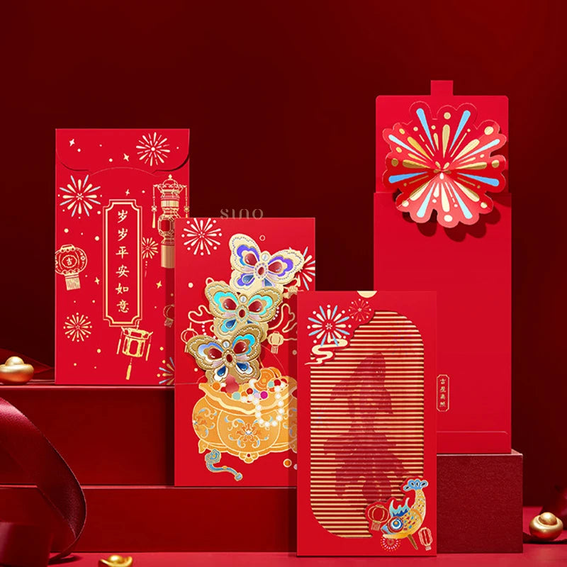Three red Chinese New Year envelopes featuring gold lantern motifs, ornate traditional Chinese artwork, and a striped design from the Forbidden City collection.