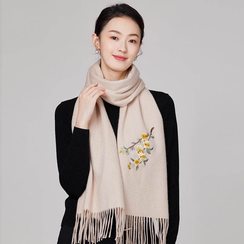 Handmade Embroidery Wool Cashmere Scarf Winter Wrap Shawl 200x38cm - SinoCultural -- HYFSJ054-1