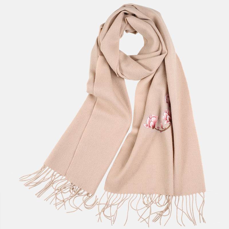 Handmade Suzhou Embroidery Wool Cashmere Scarf with Magnolia Flower 200x38cm - SinoCultural -- HYFSJ057-2