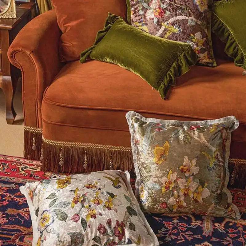 Chinoiserie Vintage Velvet Throw Pillow Floral and Botanical - SinoCultural -- SJZBZ006B01 -
