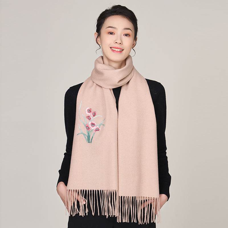 Handmade Suzhou Embroidery Wool Cashmere Scarf with Narcissus Flower 200x38cm - SinoCultural -- HYFSJ058-4