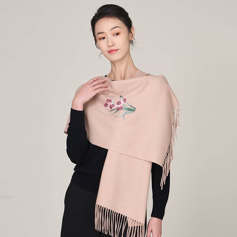 Handmade Suzhou Embroidery Wool Cashmere Scarf with Narcissus Flower 200x38cm - SinoCultural -- HYFSJ058-4