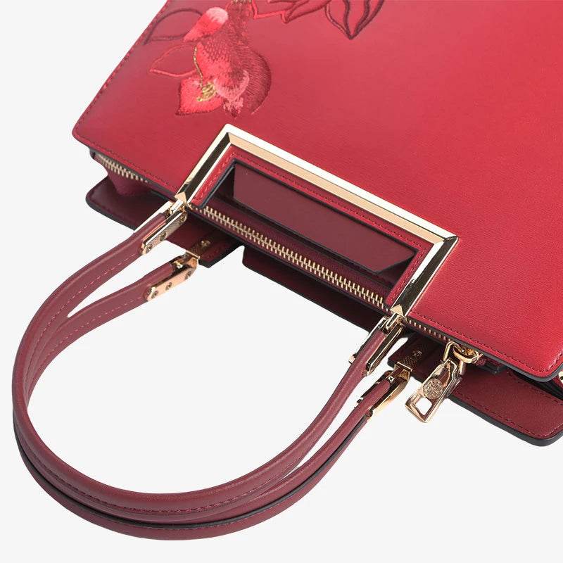 Sinocultural Embroidery Leather Red Tote Bag Magnolia Women's Handbag - SinoCultural -- P120346-1