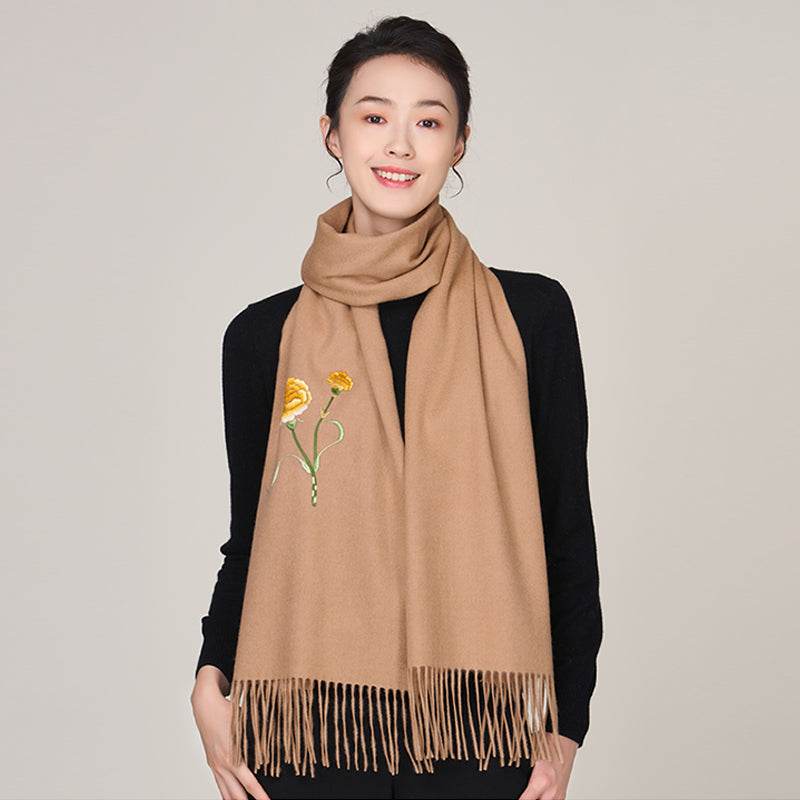 Handmade Suzhou Embroidery Wool Cashmere Scarf Shawl for Women 200x38cm - SinoCultural -- HYFSJ056-1