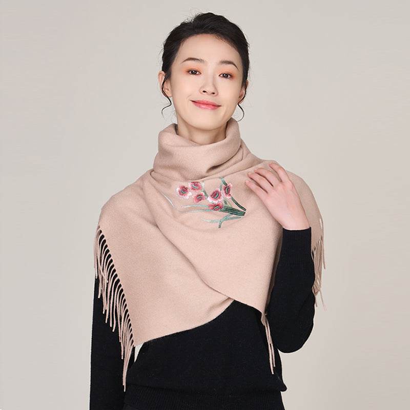 Handmade Suzhou Embroidery Wool Cashmere Scarf with Narcissus Flower 200x38cm - SinoCultural -- HYFSJ058-4
