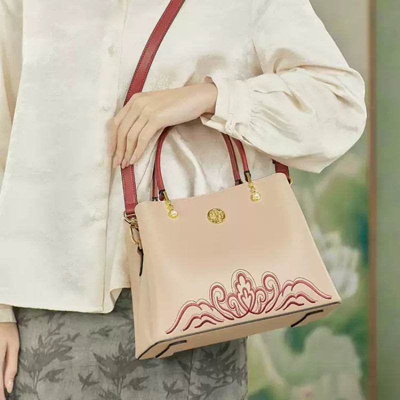 Embroidery Genuine Leather Elegant Crossbody Bag Veined Pattern - SinoCultural -- SC1753-A1