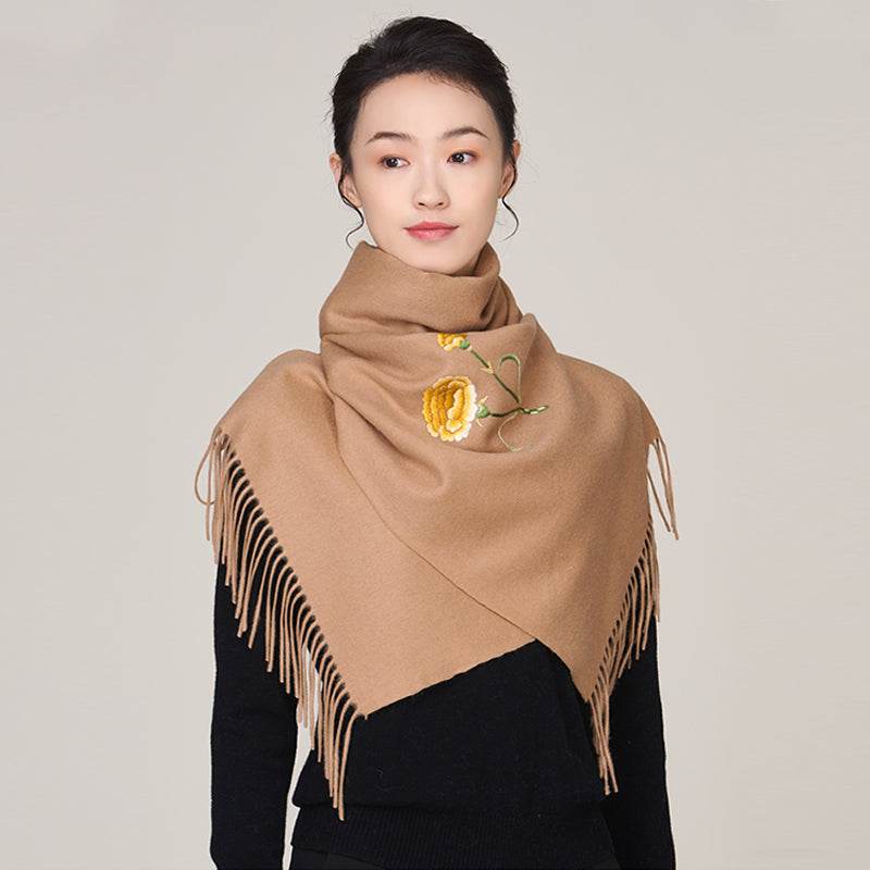 Handmade Suzhou Embroidery Wool Cashmere Scarf Shawl for Women 200x38cm - SinoCultural -- HYFSJ056-1