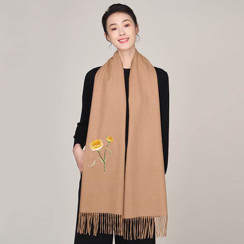 Handmade Suzhou Embroidery Wool Cashmere Scarf Shawl for Women 200x38cm - SinoCultural -- HYFSJ056-1