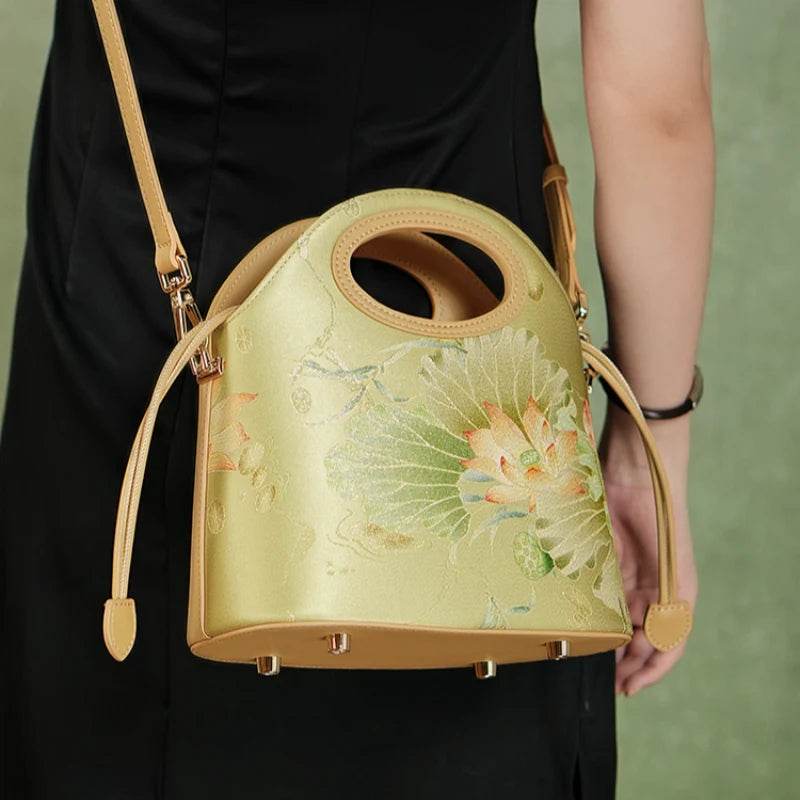 Printed Jacquard Lotus Green Drawstring Bucket Bag - SinoCultural -- LD120670-2 -