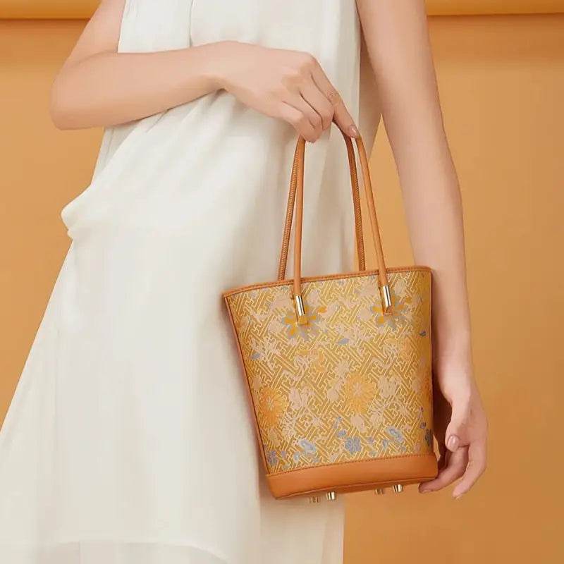 Song Brocade Mulberry Silk Tote Bucket Bag - SinoCultural -- P120636