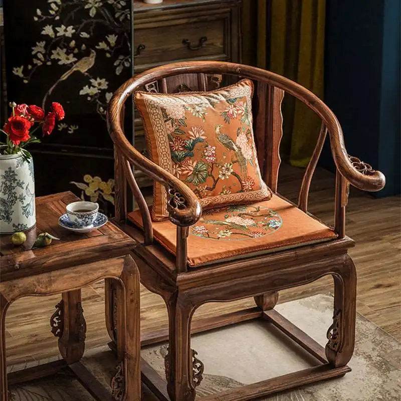 Chinoiserie Mountain Hydrangea Short Plush Wooden Chair Cushion - SinoCultural -- SC003A38 -