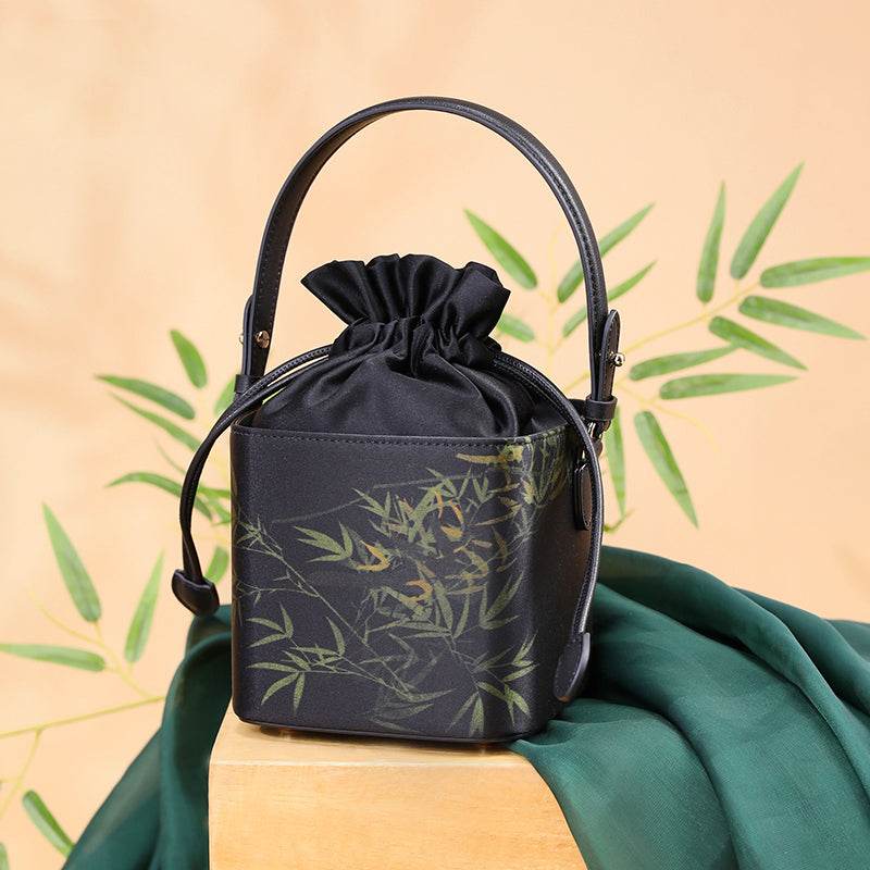 Xiangyunsha Silk Black Bamboo Print Mini Cube Bucket Bag - SinoCultural -- LD170613 -