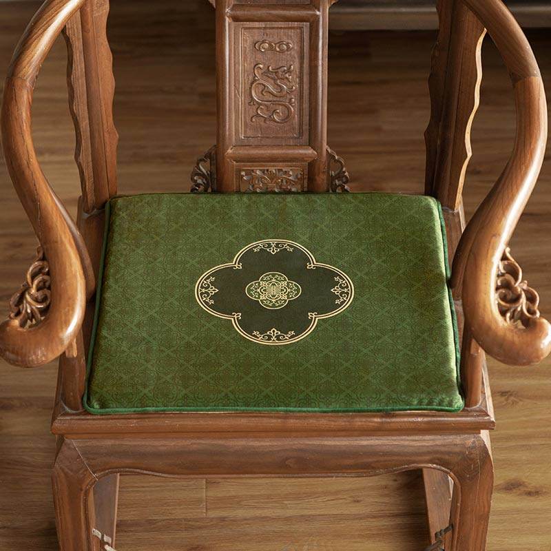 Chinoiserie Dark Green Vintage Short Plush Chair Cushion - SinoCultural -- SC001A38 -