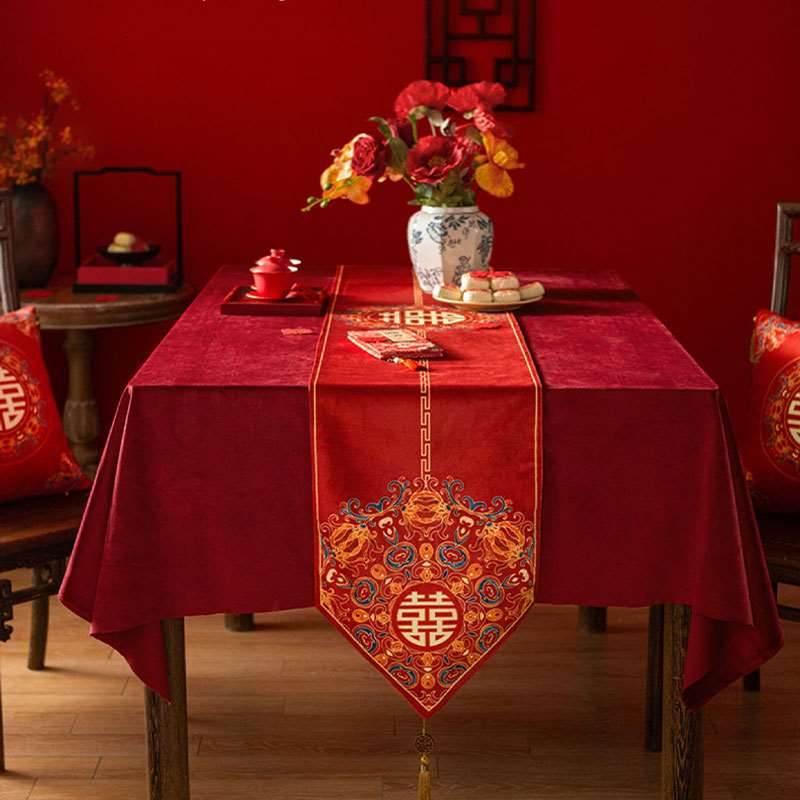 Chinoiserie Wedding Celebration Prosperity 囍(xǐ) Table Runner - SinoCultural -- TR010R160