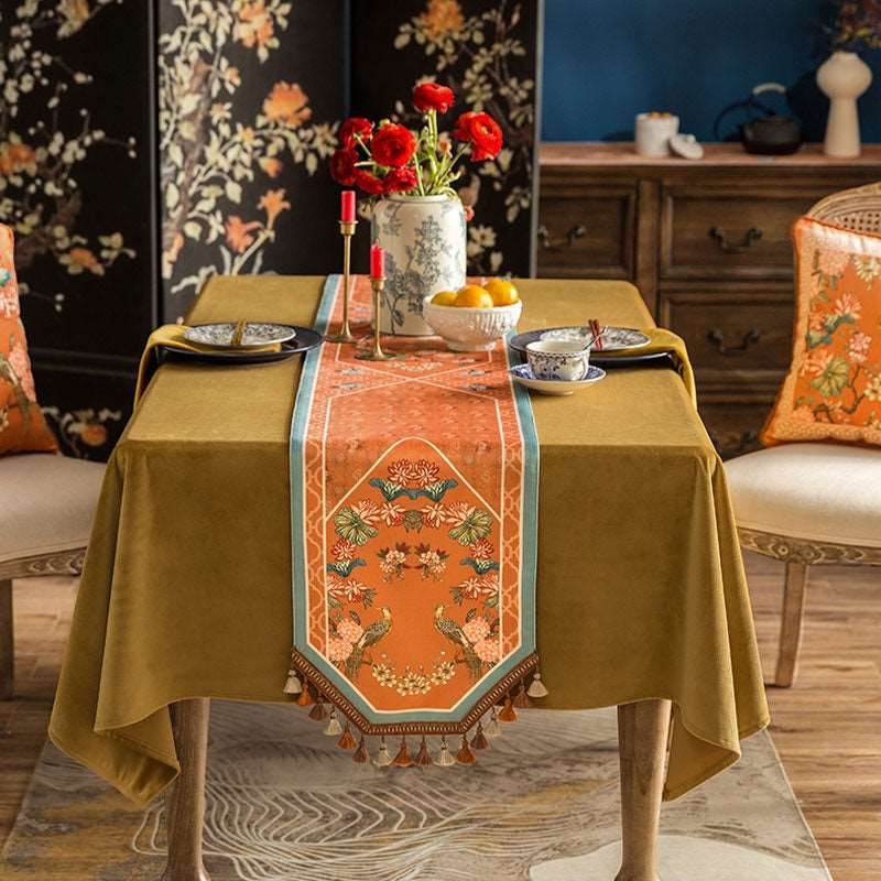 Chinoiserie Orange Mountain Hydrangea Table Runner - SinoCultural -- TR005Y160 -