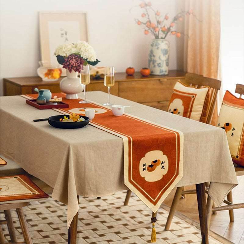Chinoiserie Orange Table Runner Persimmons Blessings - SinoCultural -- TR007A160 -