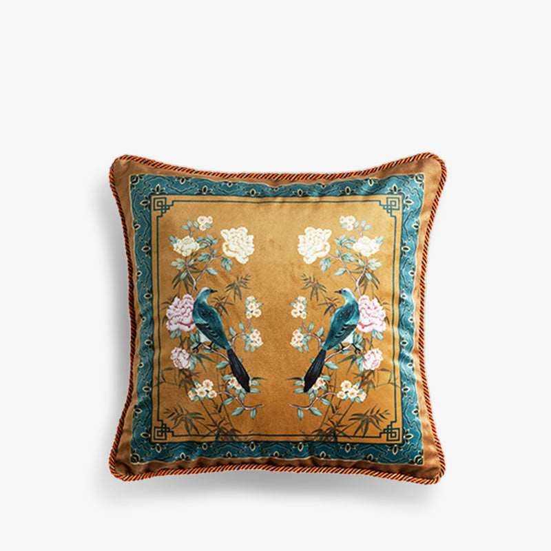 Chinoiserie Original Brown Flowers and Birds Throw Pillow Golden Reverie - SinoCultural -- SJZB040A01 -